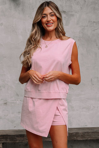 Light Pink 2 Pieces Mineral Wash Cotton Tank Top Lined Split Skirt Set