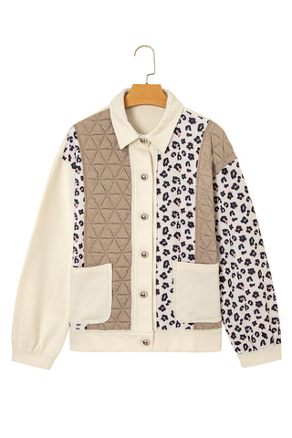 Chic Quilted Patchwork Button-Down Jacket with Leopard Print - Trendy Women’s Fall & Winter Outerwear
