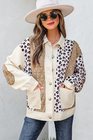 Chic Quilted Patchwork Button-Down Jacket with Leopard Print - Trendy Women’s Fall & Winter Outerwear