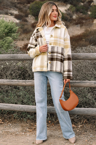 Multicolour Plaid Patchwork Side Pockets Buttoned Shacket