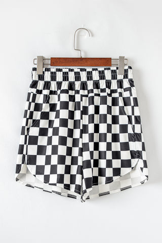 Black Checkered Print High Waist Casual Shorts