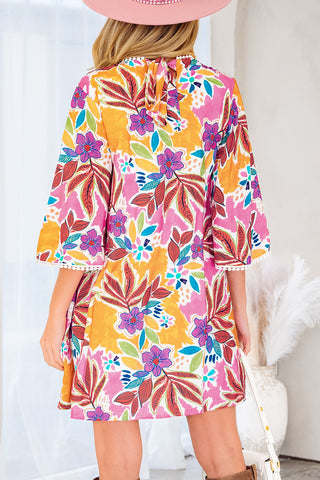 Pink Floral Print Lace Trimmed Tie Back Bell Sleeve Swing Mini Dress