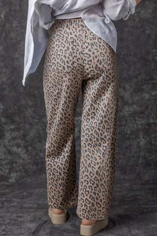 Khaki Leopard Printed Drawstring Waist Pocketed Wide Leg Jeans