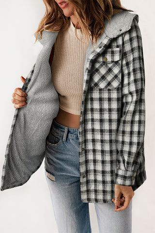 Black Plaid Pattern Sherpa Lined Hooded Shacket