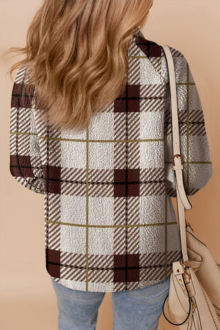 Multicolour Plaid Print Buttoned Stand Collar Fleece Jacket