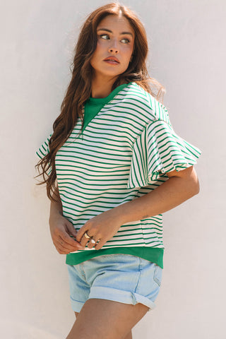 Bright Green Contrast Detail Striped Ruffle Short Sleeve Top