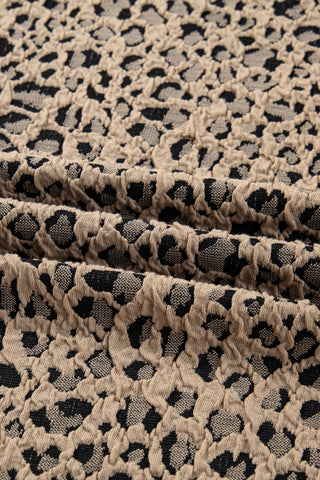 Khaki Leopard Textured Ribbed Trim Plus Size Long Sleeve Top