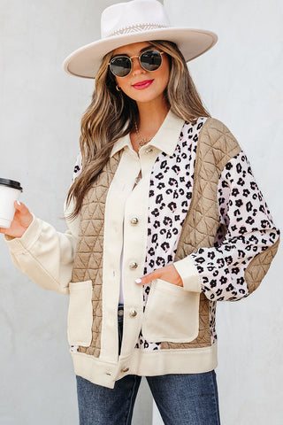 Chic Quilted Patchwork Button-Down Jacket with Leopard Print - Trendy Women’s Fall & Winter Outerwear