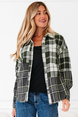 Black Plaid Print Textured Knit Buttoned Shacket