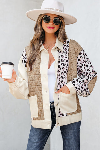 Chic Quilted Patchwork Button-Down Jacket with Leopard Print - Trendy Women’s Fall & Winter Outerwear