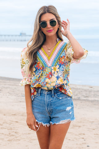 12 Multicolour Crochet V Neck Half Sleeve Boho Floral Blouse