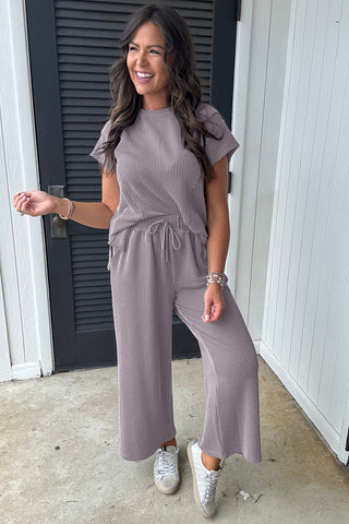 Wild Wind Solid Corded Knit Short Sleeve T Shirt and Wide Leg Pants Set