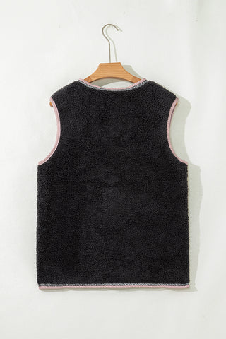 Dark Grey Sherpa Contrast Trim Patch Pocket Cartridge Toggle Button Vest