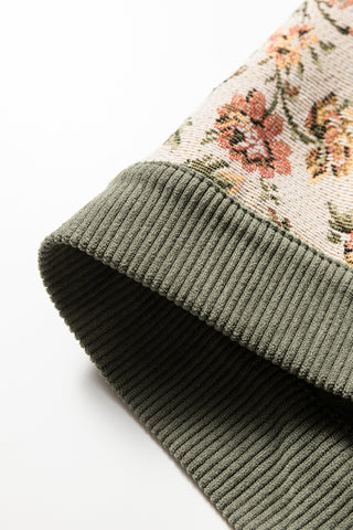 Sage Green Ribbed Retro Floral Patchwork Shirt Style Jacket