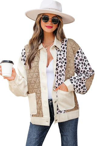 Chic Quilted Patchwork Button-Down Jacket with Leopard Print - Trendy Women’s Fall & Winter Outerwear