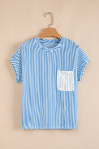 Dark Blue Corded Knit Color Block Pocketed Crew Neck T Shirt