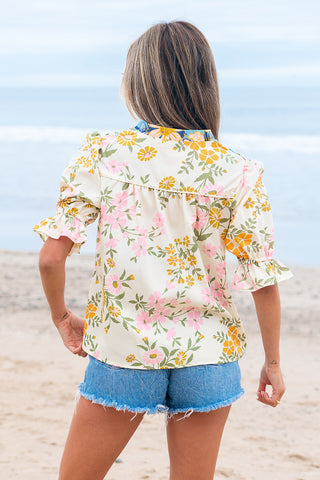 12 Multicolour Crochet V Neck Half Sleeve Boho Floral Blouse