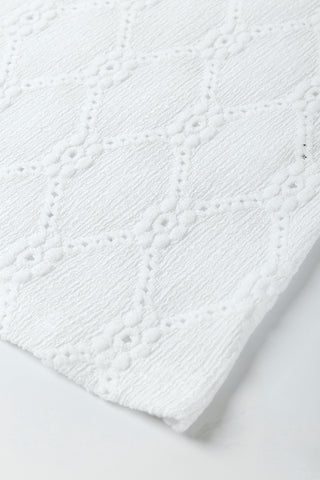 White Flower Geometric Textured Button Short Sleeve Top