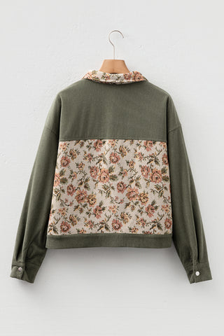 Sage Green Ribbed Retro Floral Patchwork Shirt Style Jacket