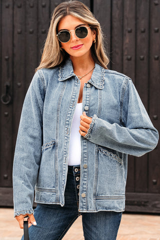 Myosotis Scallop Trim Collar Patched Pocket Button Up Denim Jacket