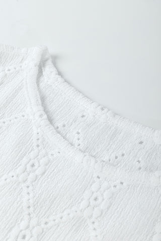 White Flower Geometric Textured Button Short Sleeve Top