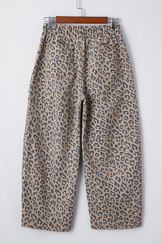 Khaki Leopard Printed Drawstring Waist Pocketed Wide Leg Jeans