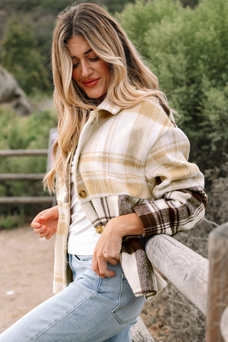 Multicolour Plaid Patchwork Side Pockets Buttoned Shacket