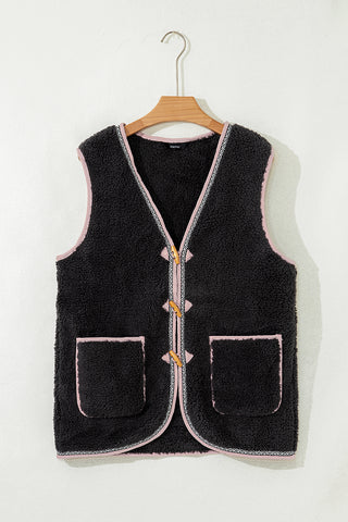 Dark Grey Sherpa Contrast Trim Patch Pocket Cartridge Toggle Button Vest