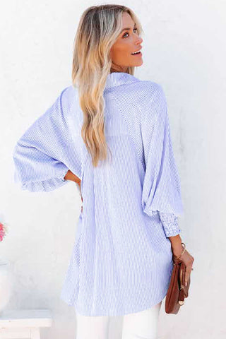 Sky Blue Smocked Cuffed Striped Boyfriend Shirt with Pocket