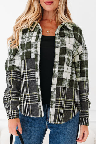 Black Plaid Print Textured Knit Buttoned Shacket