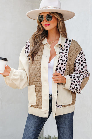 Chic Quilted Patchwork Button-Down Jacket with Leopard Print - Trendy Women’s Fall & Winter Outerwear