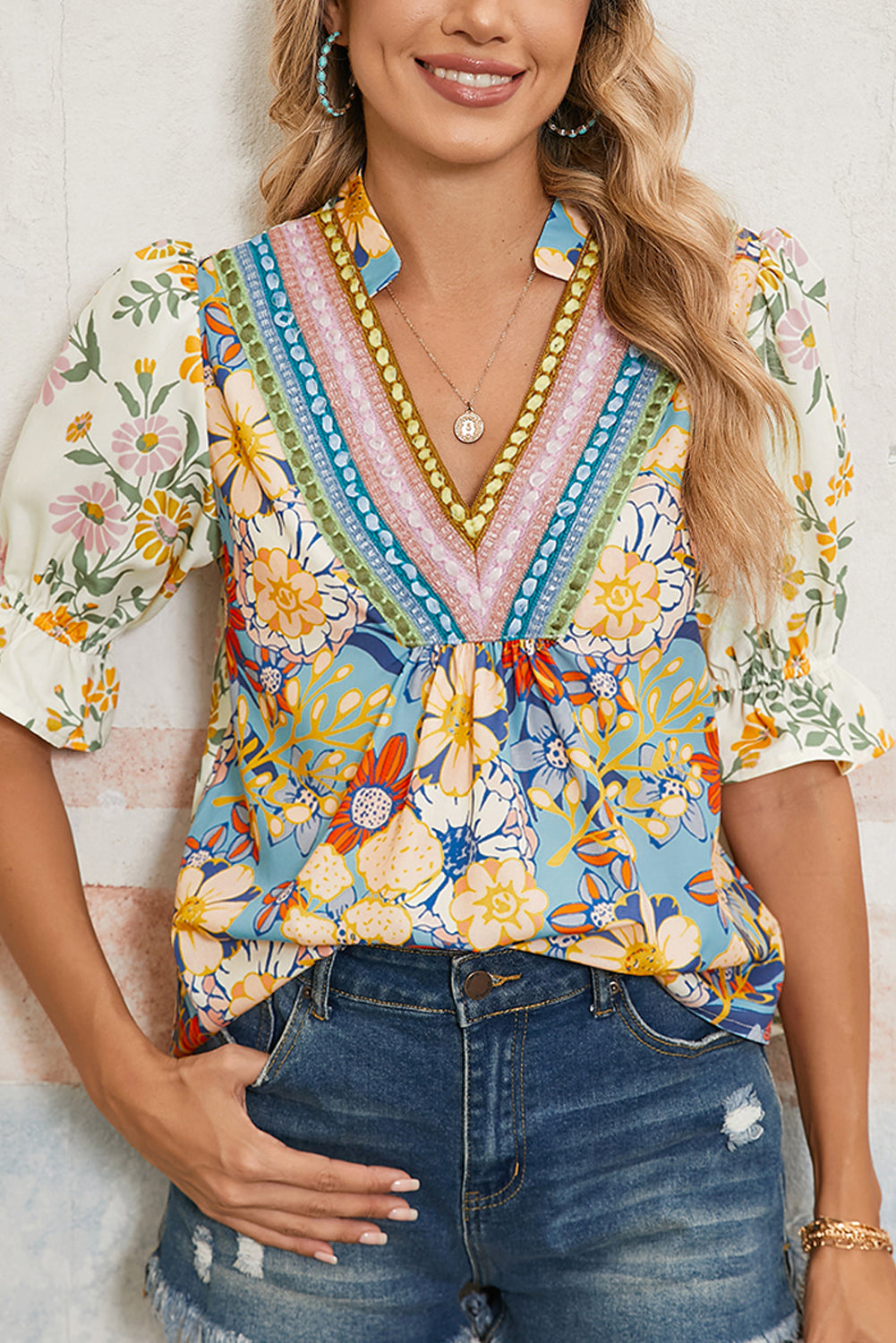 12 Multicolour Crochet V Neck Half Sleeve Boho Floral Blouse