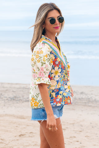 12 Multicolour Crochet V Neck Half Sleeve Boho Floral Blouse