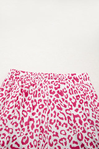 Pink Leopard Elastic Waist Lace up Contrast Trim Casual Shorts