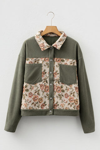 Sage Green Ribbed Retro Floral Patchwork Shirt Style Jacket