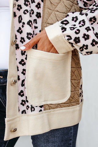 Chic Quilted Patchwork Button-Down Jacket with Leopard Print - Trendy Women’s Fall & Winter Outerwear