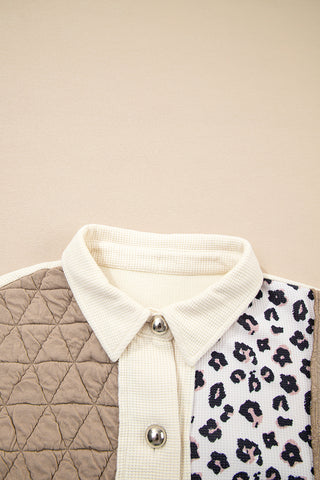 Chic Quilted Patchwork Button-Down Jacket with Leopard Print - Trendy Women’s Fall & Winter Outerwear
