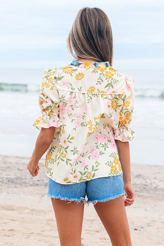 12 Multicolour Crochet V Neck Half Sleeve Boho Floral Blouse