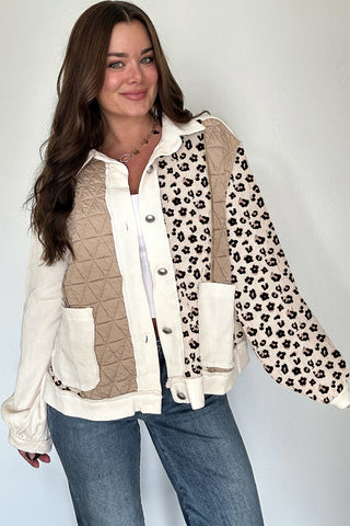 Chic Quilted Patchwork Button-Down Jacket with Leopard Print - Trendy Women’s Fall & Winter Outerwear