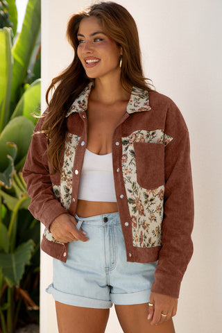 Clay Ribbed Retro Floral Patchwork Shirt Style Jacket