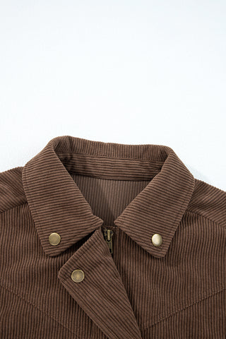 Dark Khaki Button Zip Up Lapel Collar Corduroy Jacket