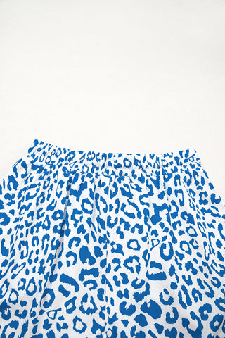 Blue Leopard Elastic Waist Lace up Contrast Trim Casual Shorts