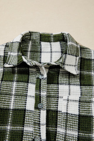 Black Plaid Print Textured Knit Buttoned Shacket