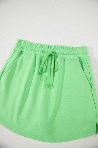 Light Green French Terry Drawstring Mini Skort with Pockets