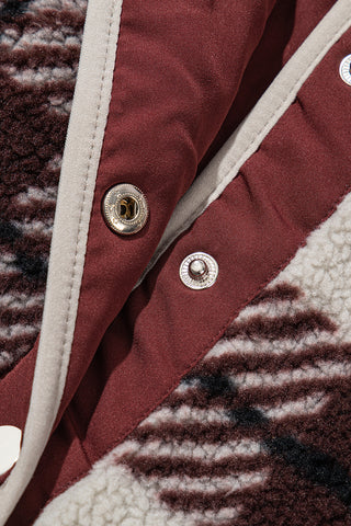 Multicolour Plaid Print Buttoned Stand Collar Fleece Jacket